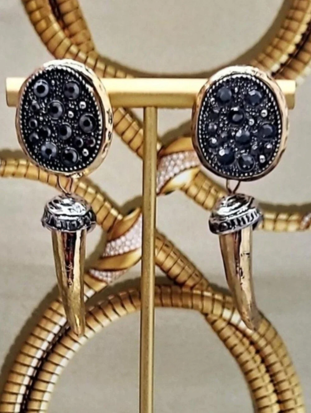 NWT Two-toned Natural Marcassite Encrusted Dangling Gold Spike Drop Earrings